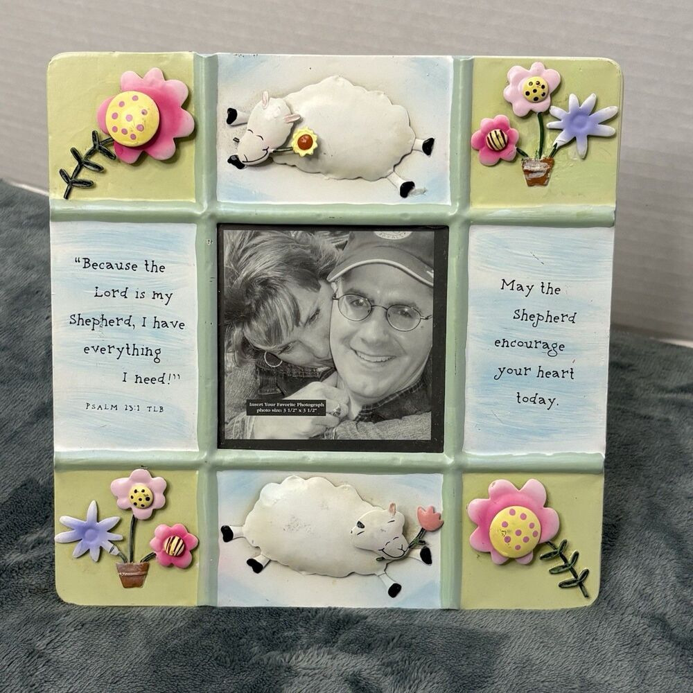 Dayspring 3 Dimensional Painted Metal Photo Frame Psalm 23 Flowers Sheep 8" X 8"